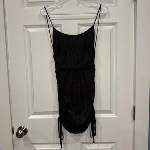 Windsor Black Glitter Ruched Bodycon Mini Dress Open Back Cowl Neck Size Small